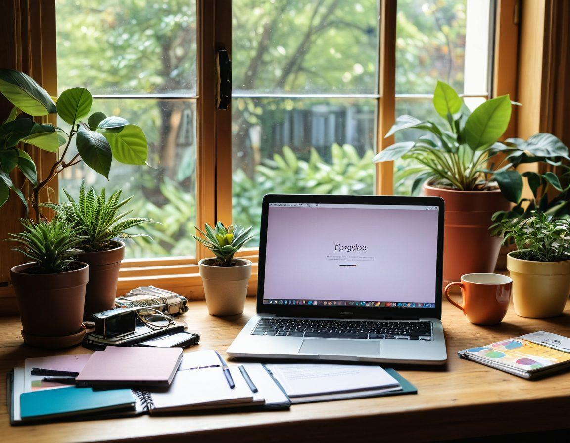 An open laptop on a wooden desk showcasing a vibrant blog page with engaging content, surrounded by colorful notebooks, coffee cups, and artistic supplies. Soft sunlight filters through a nearby window, illuminating a cozy corner filled with plants and creative tools, symbolizing community and inspiration. super-realistic. vibrant colors. warm ambiance.