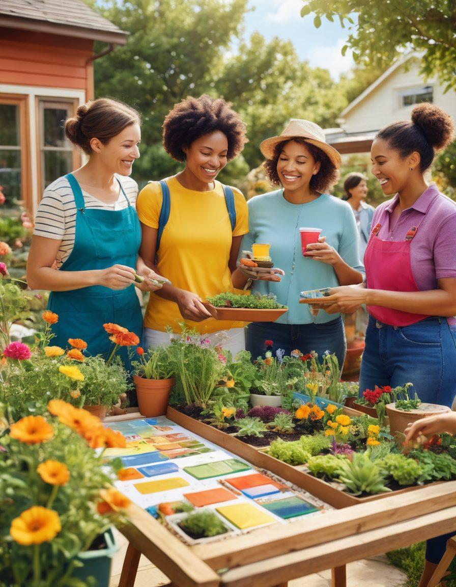 A vibrant scene depicting a diverse group of adults engaging in community activities such as gardening, crafting, and discussing ideas outdoors. Include elements like a colorful community board with blog posts, plants around them, and smiling faces to convey connection and engagement. The setting should be inviting and lively, portraying warmth and collaboration. super-realistic. vibrant colors. sunny background.